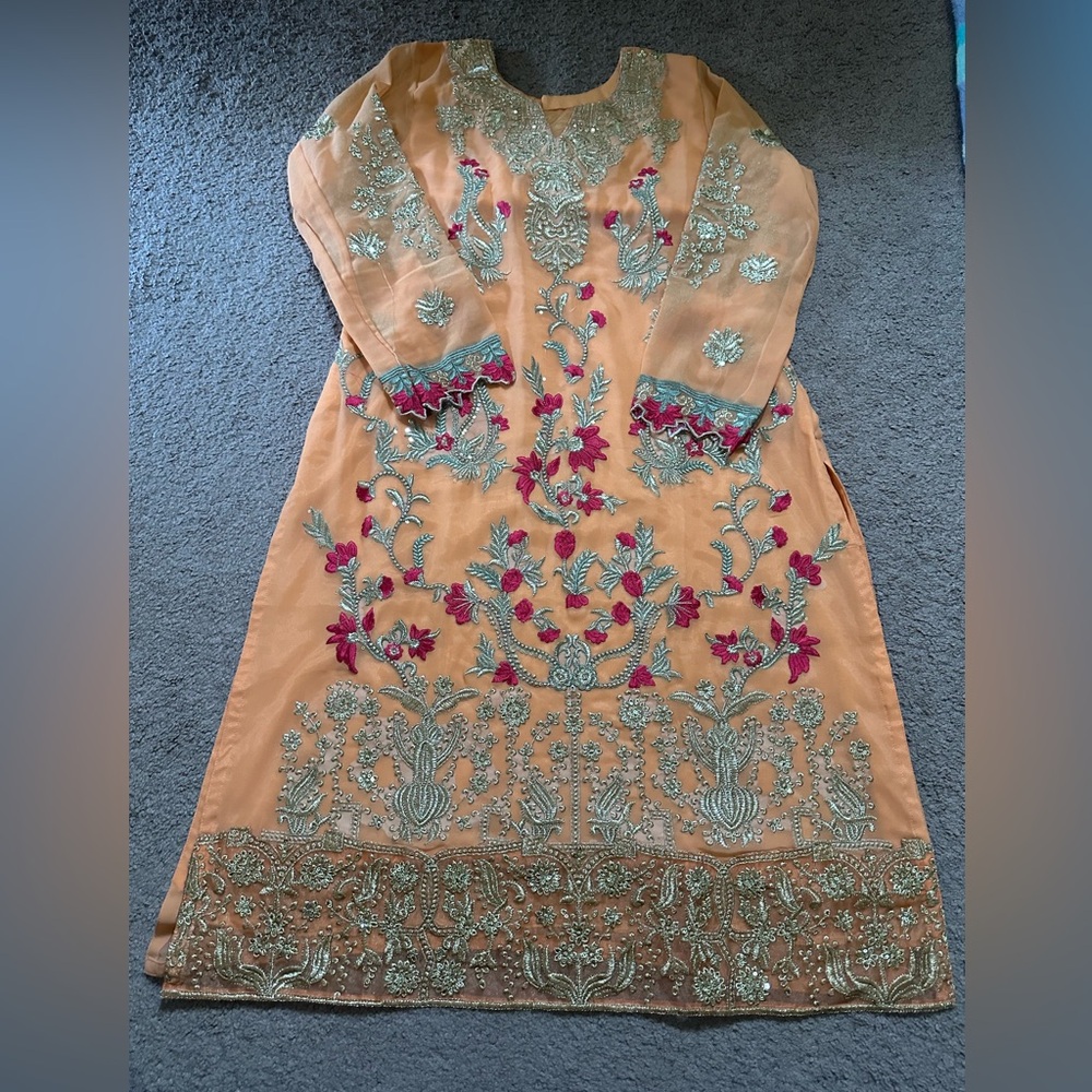 Peach, gold, and pink 3-piece embroidered salwar kameez set